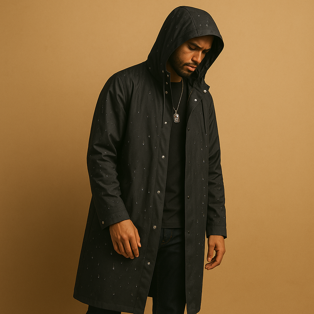 Herren langer wasserdichter Regenmantel mit Kapuze - Gefütterte Outdoor-Jacke