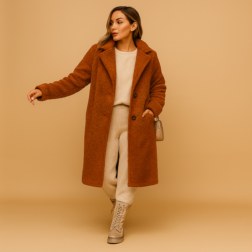Beiger langer Teddy-Mantel für Damen – Oversized Winterjacke für Frauen